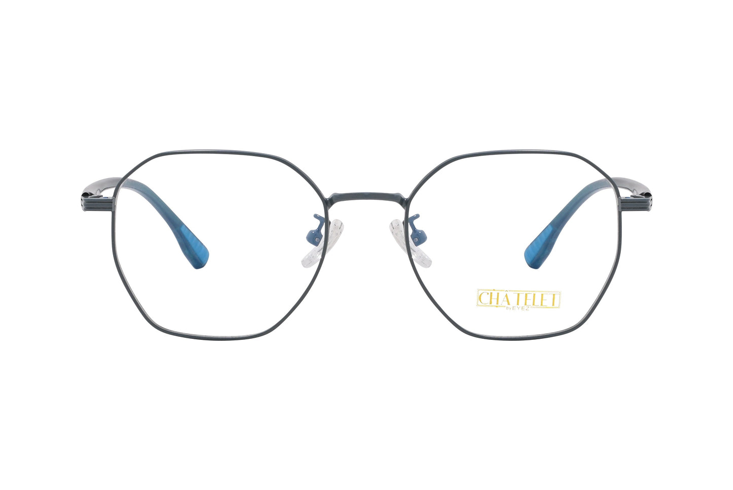 chatelet hexagonal green, blue eyeglasses frame viewed from Front angle.