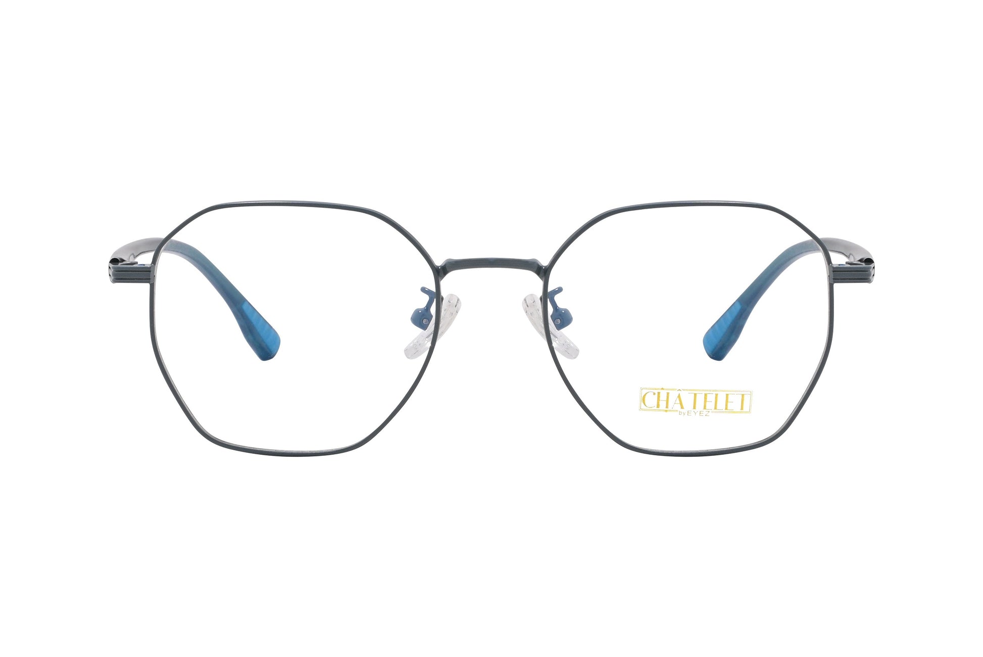 chatelet hexagonal green, blue eyeglasses frame viewed from Front angle.