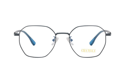 chatelet hexagonal green, blue eyeglasses frame viewed from Front angle.