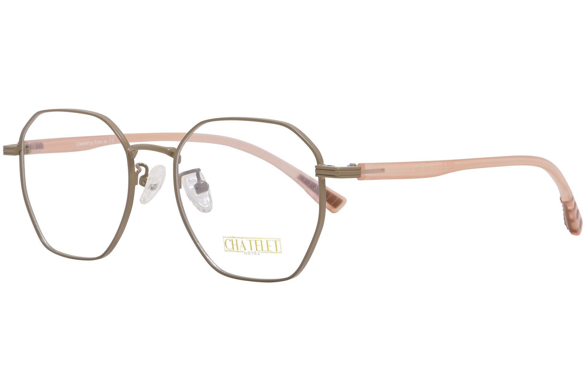 chatelet hexagonal khaki eyeglasses frame viewed from a 45-degree angle.