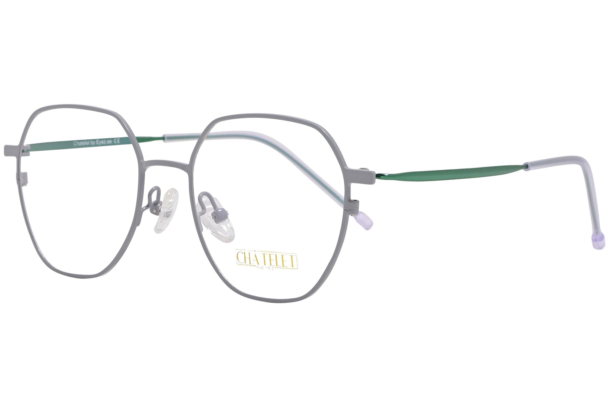 chatelet hexagonal green eyeglasses frame viewed from a 45-degree angle.