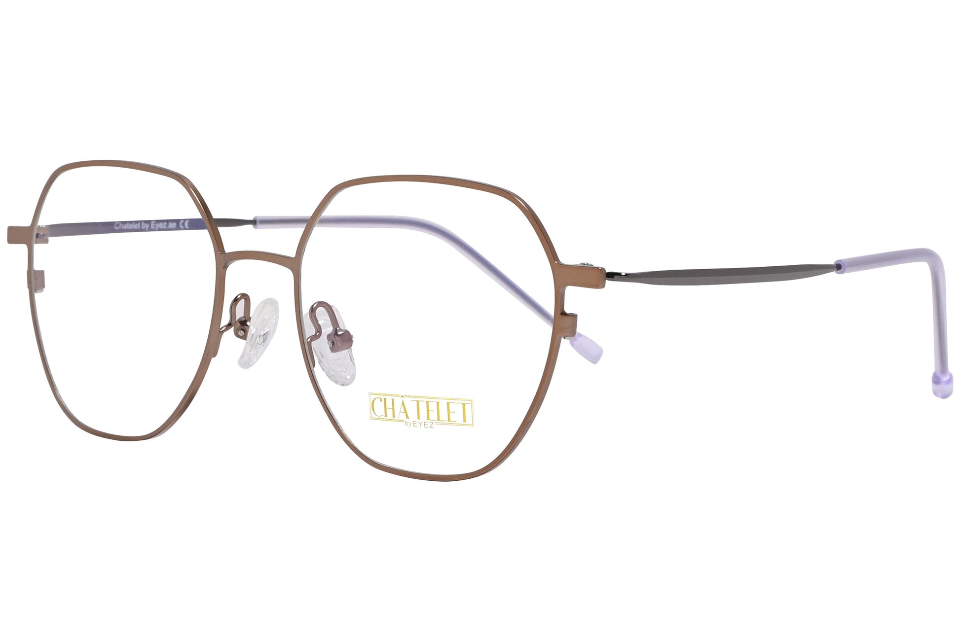 chatelet hexagonal bronze eyeglasses frame viewed from a 45-degree angle.