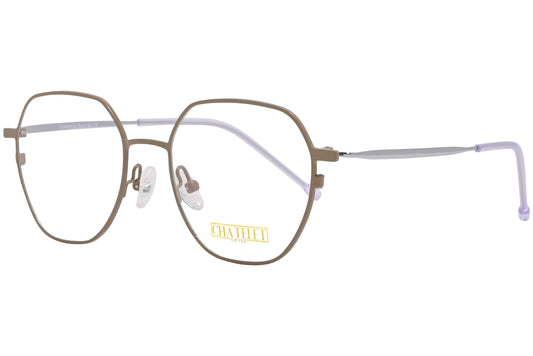 chatelet hexagonal khaki eyeglasses frame viewed from a 45-degree angle.