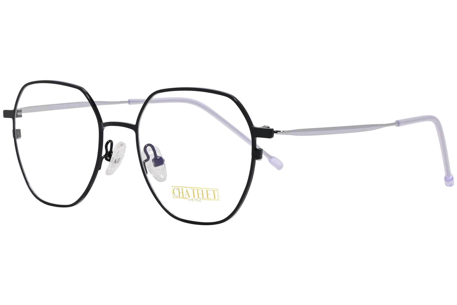 chatelet hexagonal black eyeglasses frame viewed from a 45-degree angle.