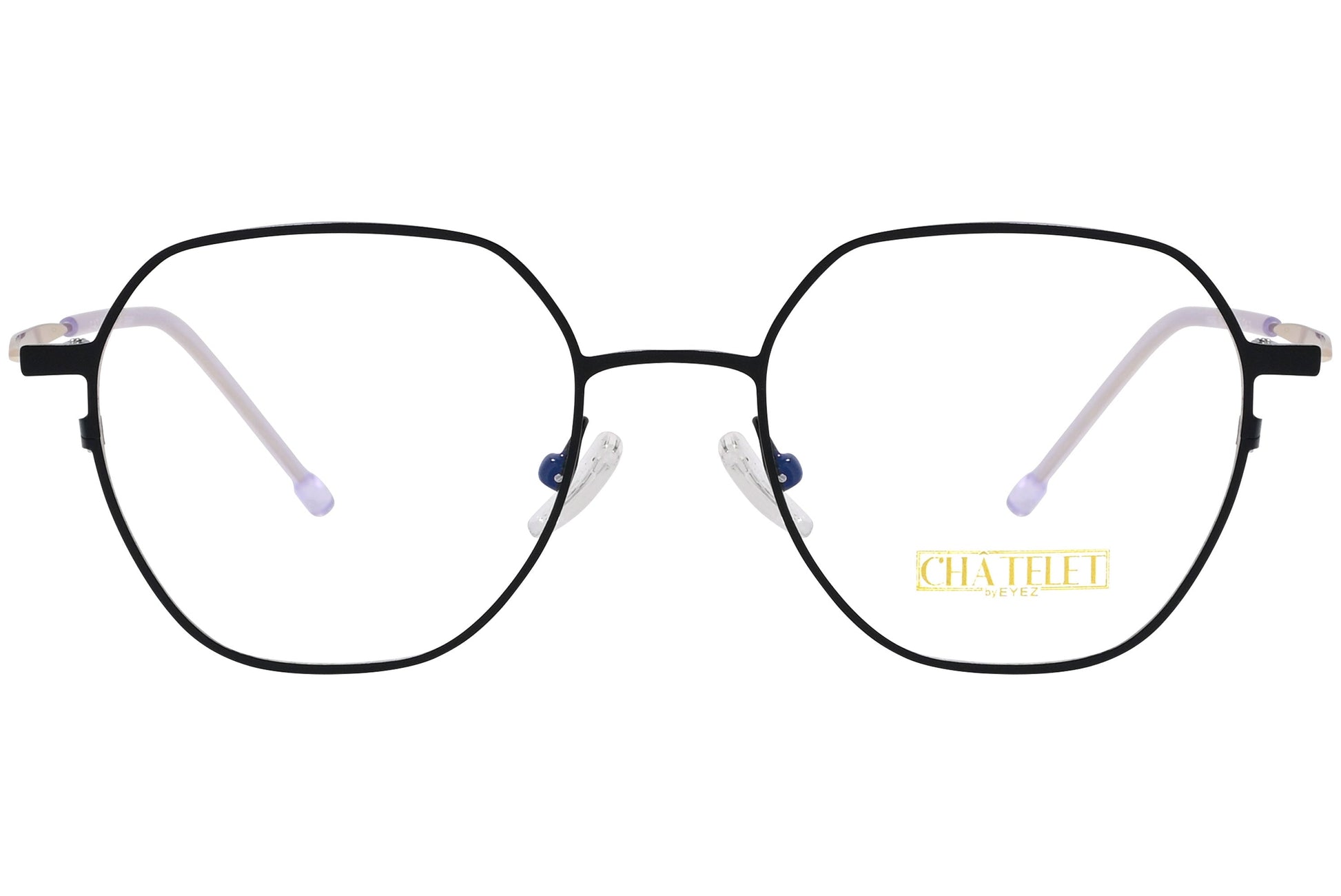 chatelet hexagonal black, khaki eyeglasses frame viewed from Front angle.