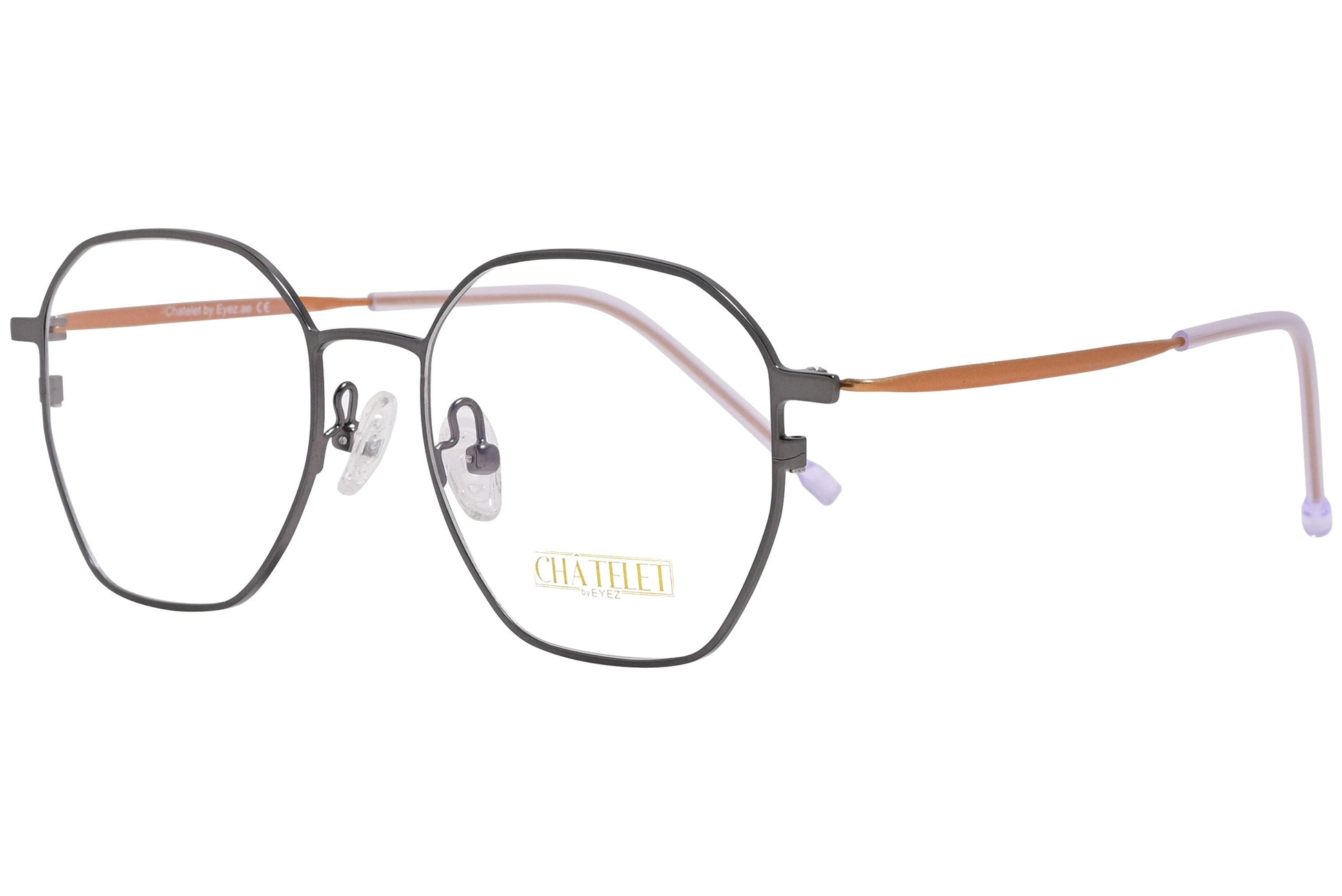 chatelet hexagonal gray eyeglasses frame viewed from a 45-degree angle.