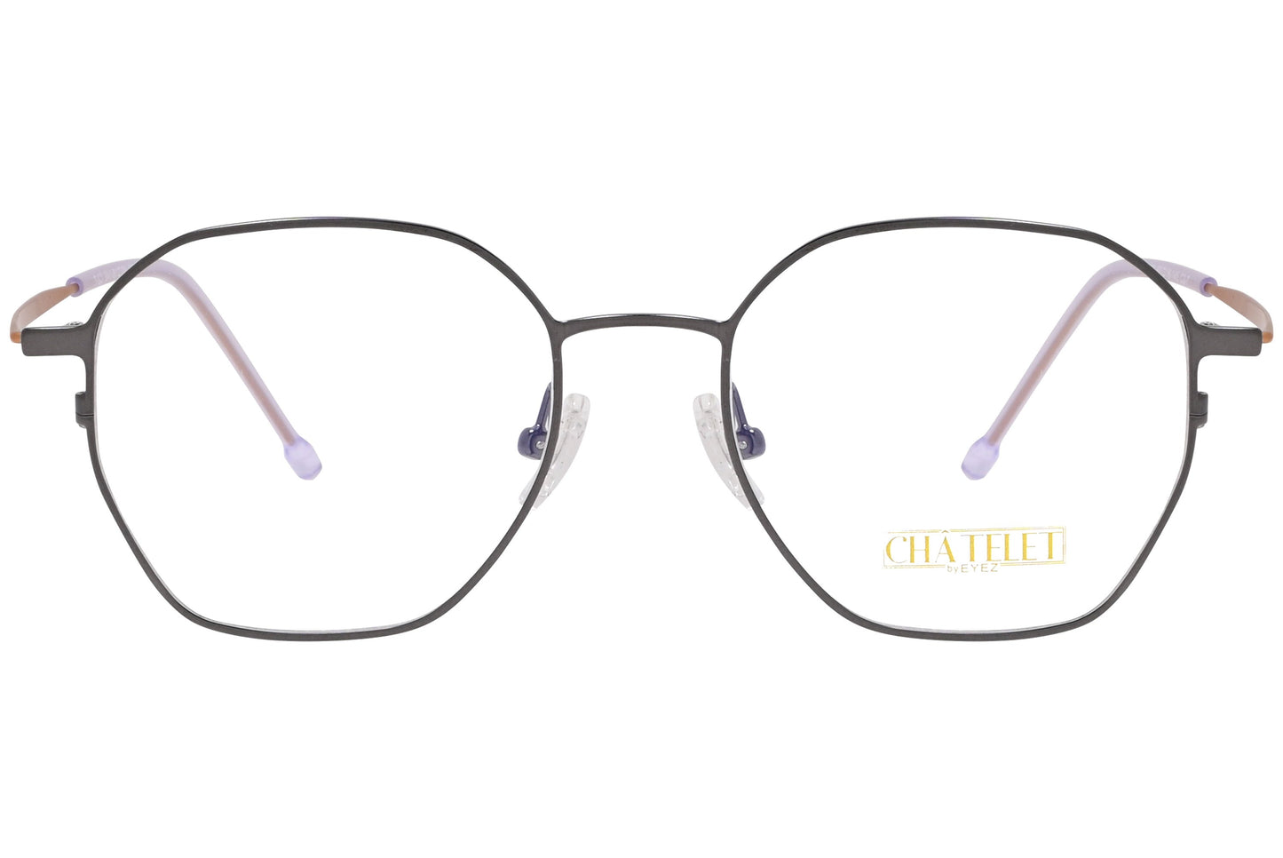 chatelet hexagonal gray eyeglasses frame viewed from Front angle.