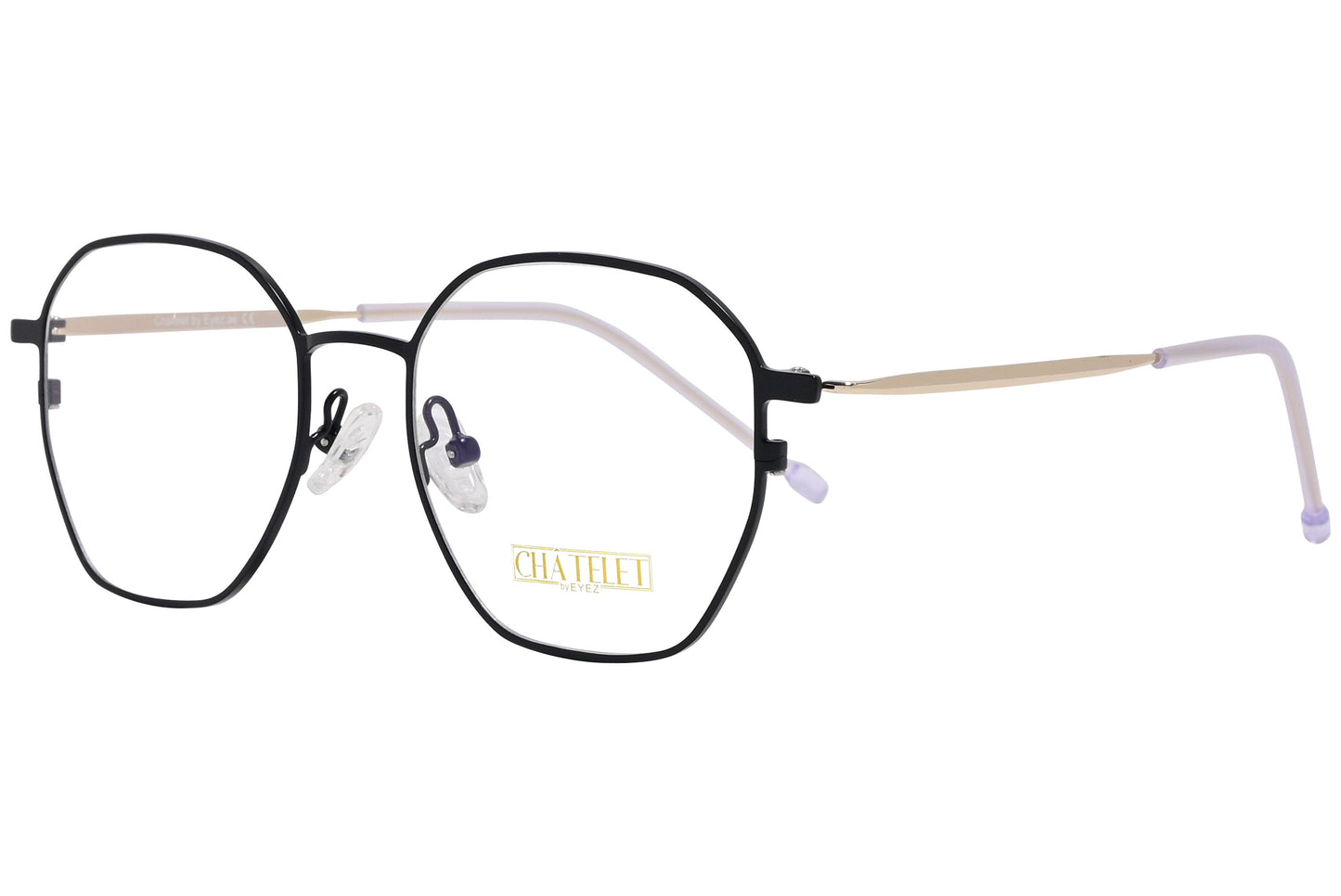 chatelet hexagonal black eyeglasses frame viewed from a 45-degree angle.