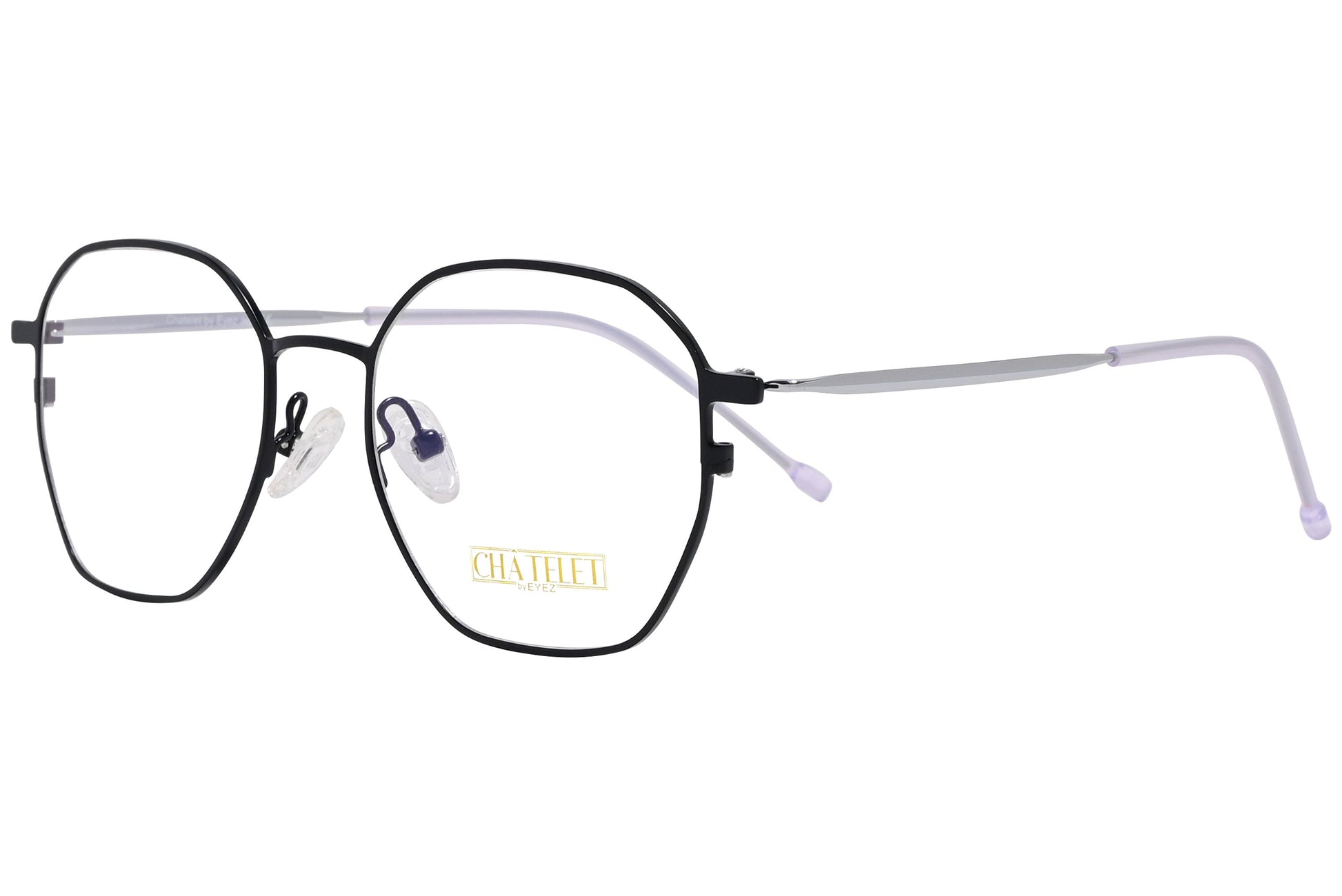 chatelet hexagonal black eyeglasses frame viewed from a 45-degree angle.