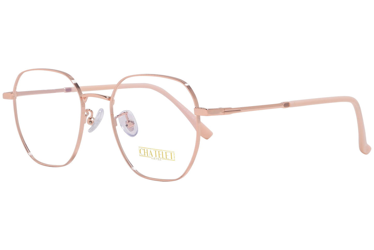 chatelet hexagonal pink eyeglasses frame viewed from a 45-degree angle.