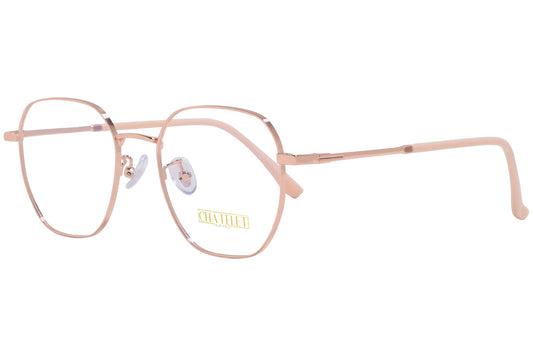 chatelet hexagonal pink eyeglasses frame viewed from a 45-degree angle.