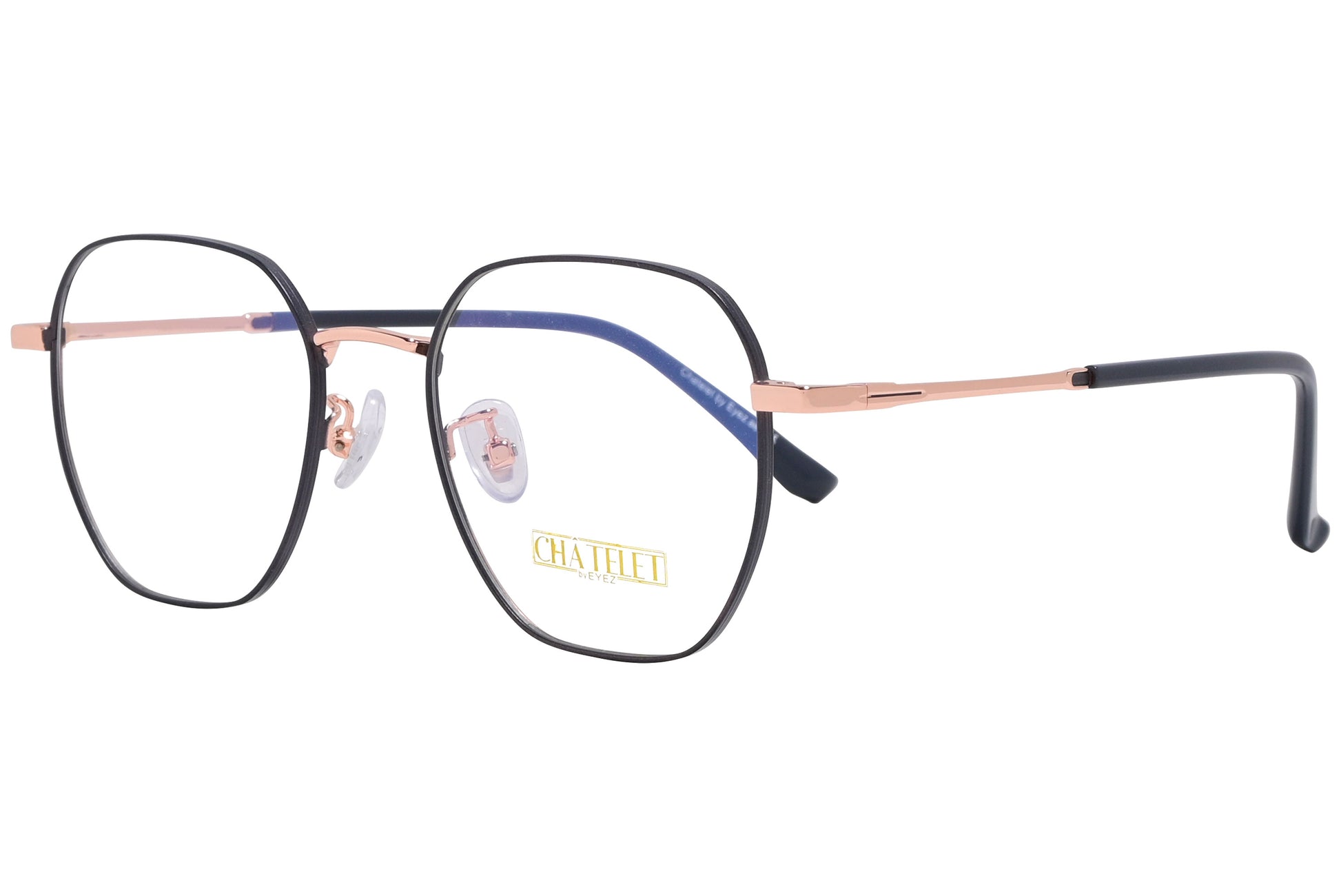 A pair of hexagonal eyeglasses with black and pink frames, with the brand name 'Chatelet' visible on one side.