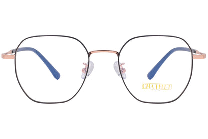 A pair of hexagonal eyeglasses with black and pink frames, with the brand name 'Chatelet' visible on one side.