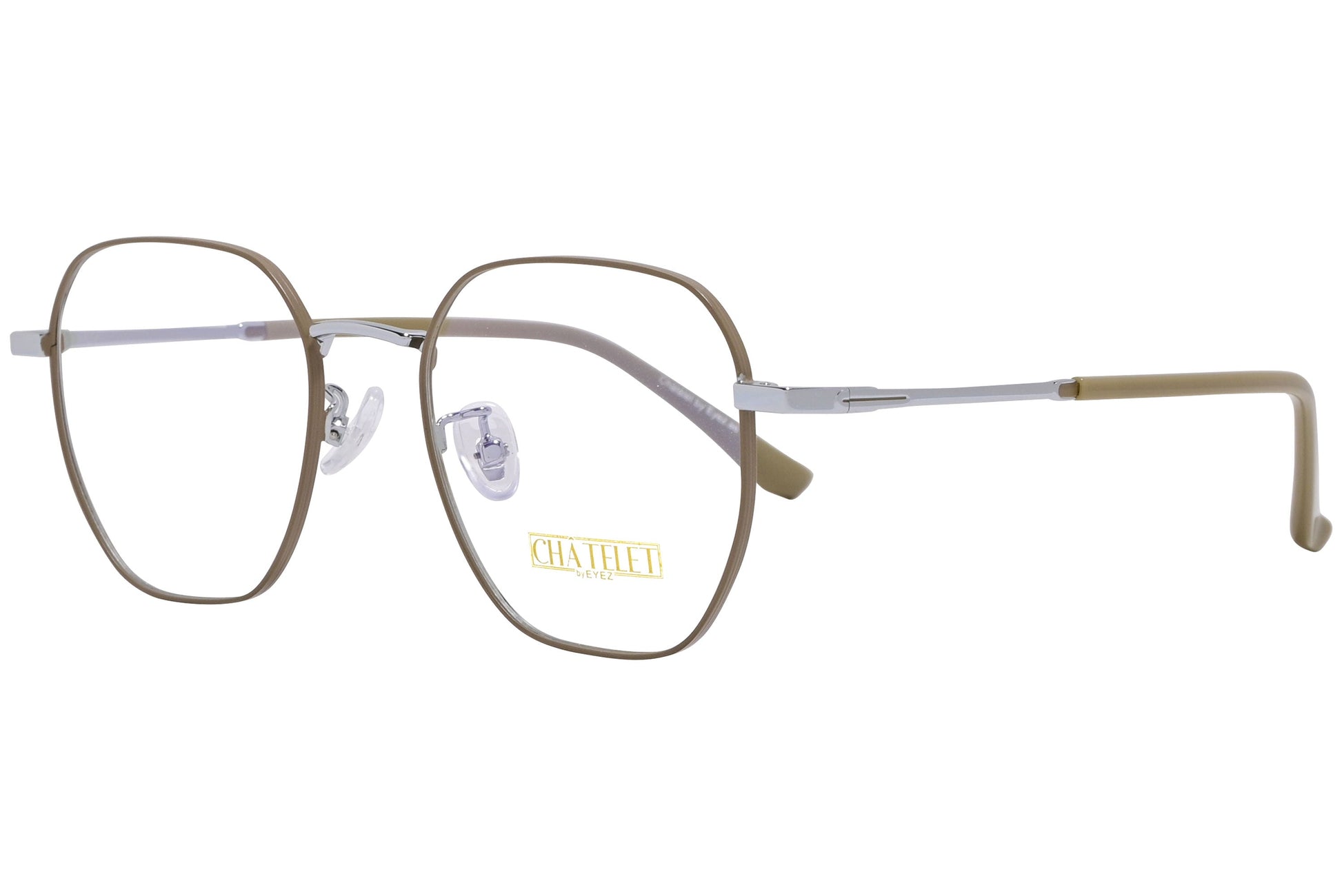 chatelet hexagonal khaki eyeglasses frame viewed from a 45-degree angle.