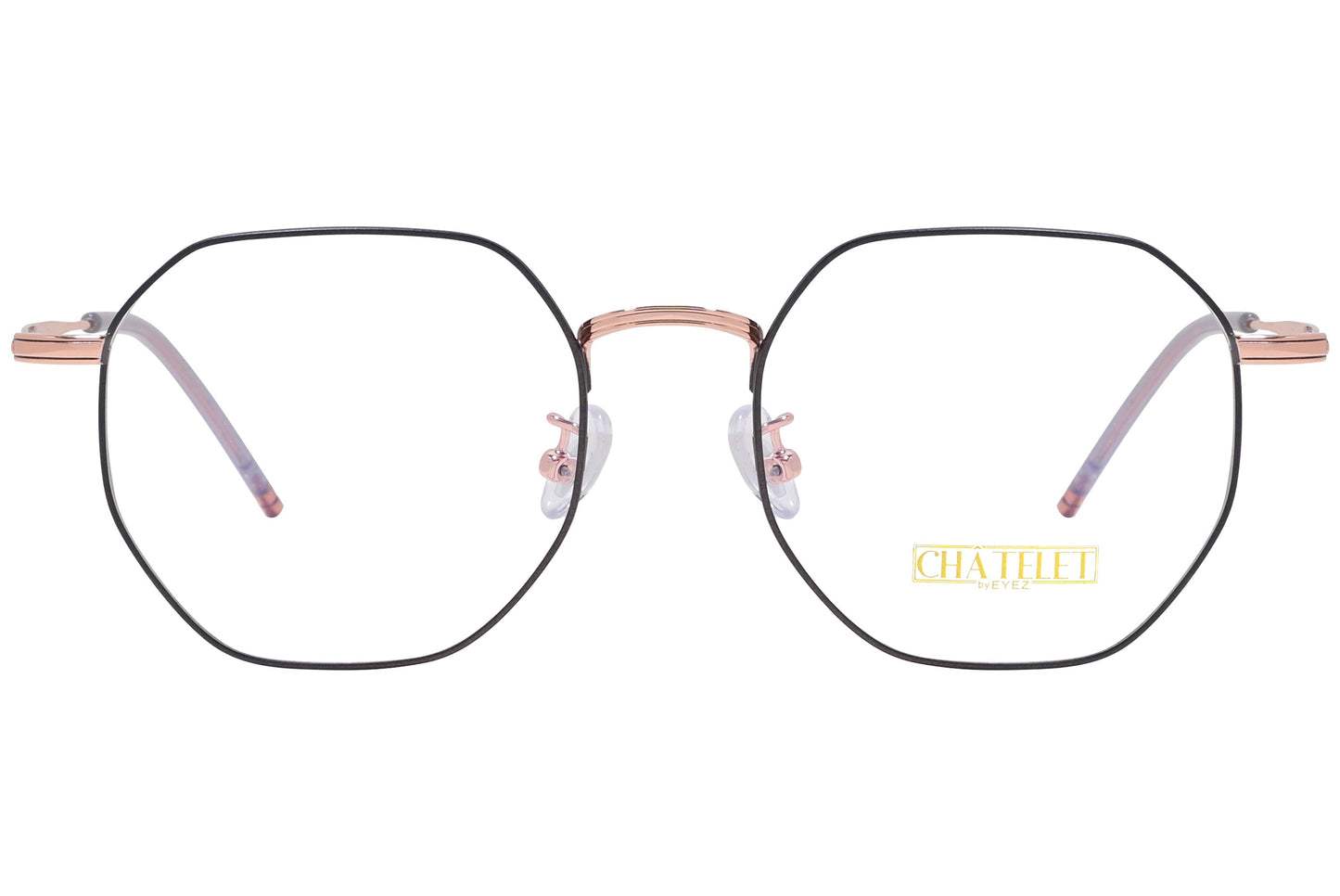 chatelet hexagonal black, pink eyeglasses frame viewed from Front angle.