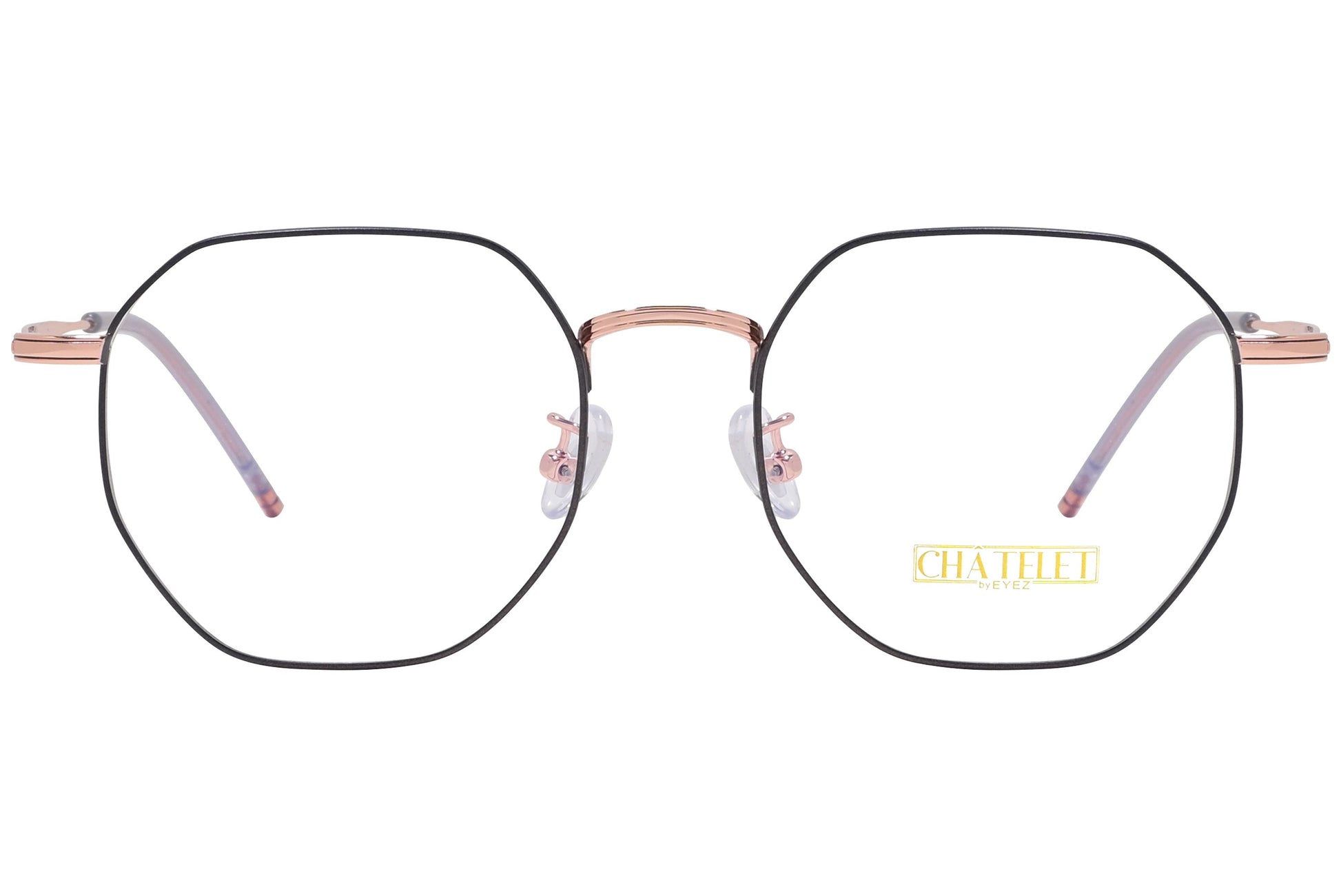 chatelet hexagonal black, pink eyeglasses frame viewed from Front angle.