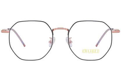 chatelet hexagonal black, pink eyeglasses frame viewed from Front angle.