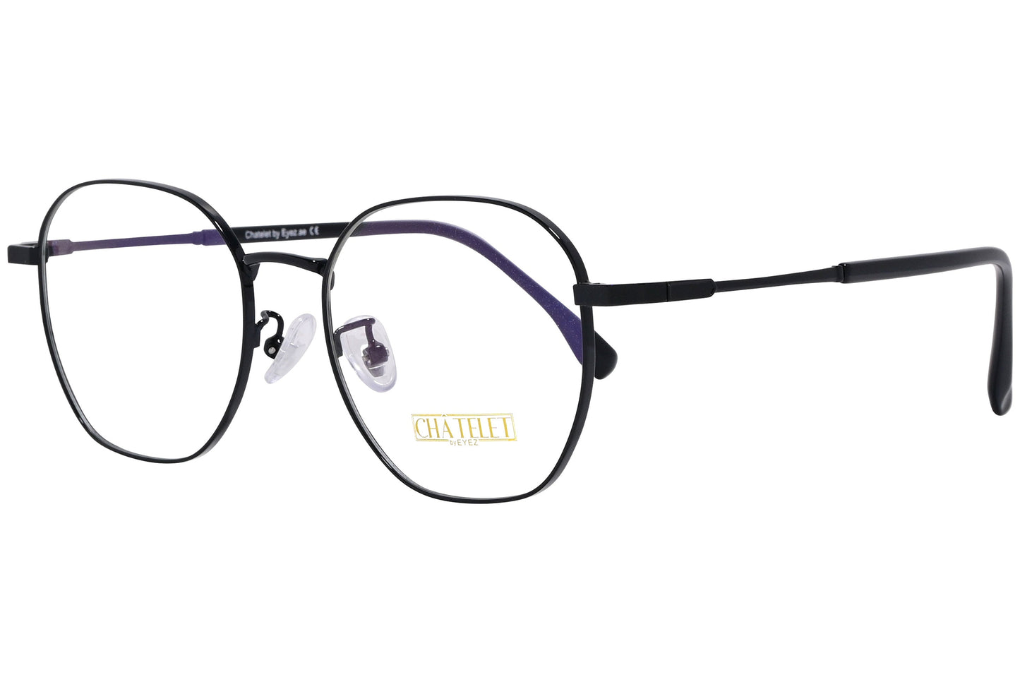 chatelet hexagonal black eyeglasses frame viewed from a 45-degree angle.