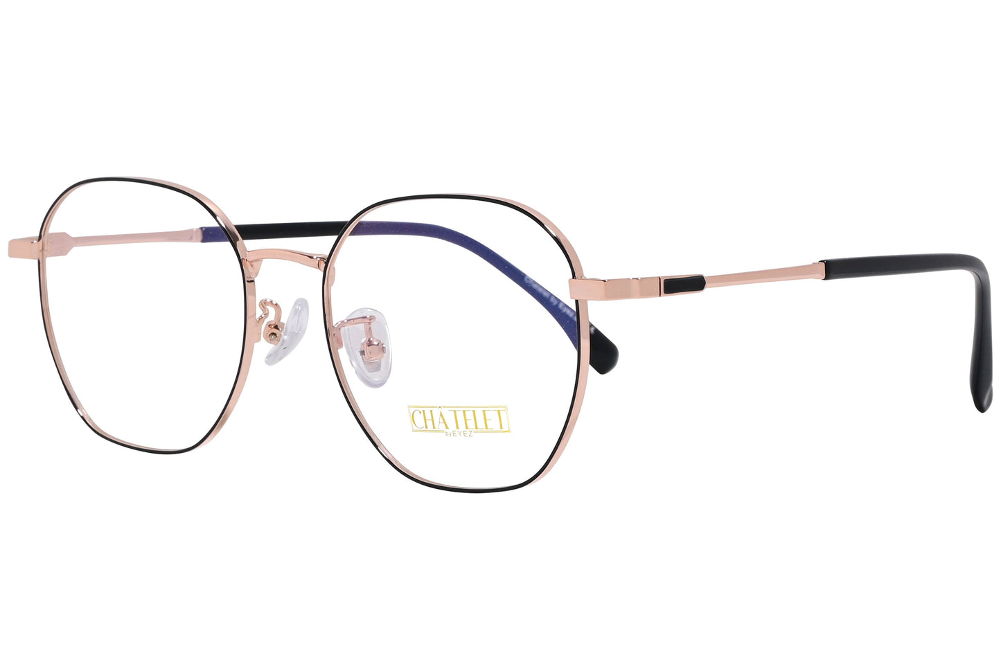 chatelet hexagonal pink eyeglasses frame viewed from a 45-degree angle.