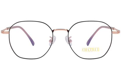 chatelet hexagonal black, pink eyeglasses frame viewed from Front angle.