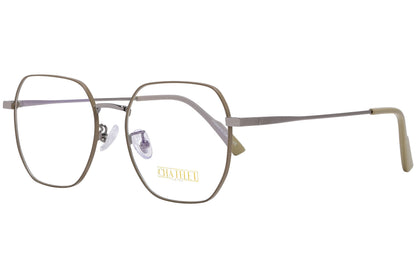 chatelet hexagonal khaki eyeglasses frame viewed from a 45-degree angle.