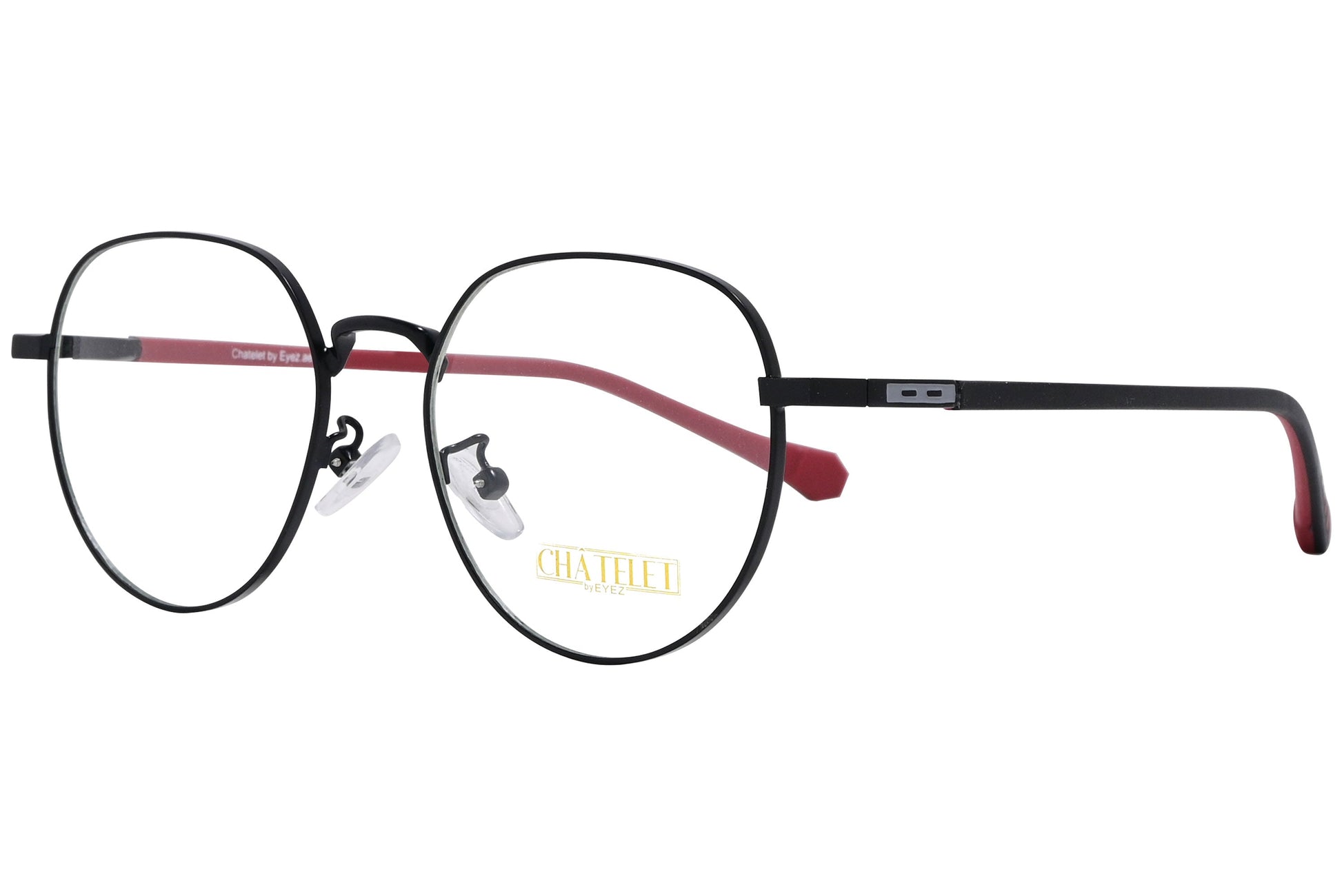 chatelet round black, red eyeglasses frame viewed from a 45-degree angle.