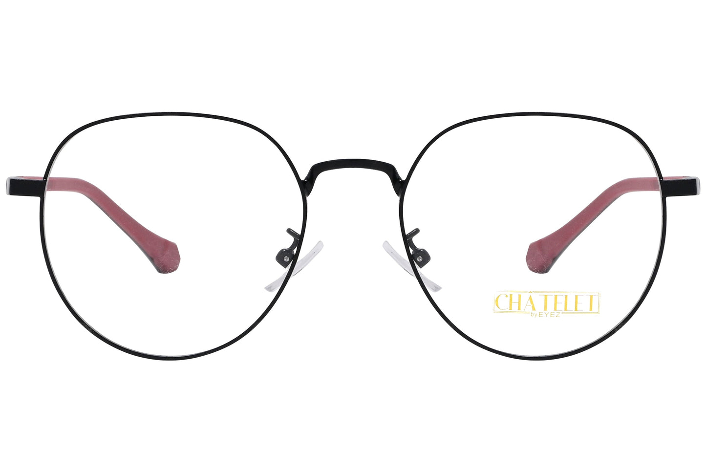 chatelet round black, red eyeglasses frame viewed from Front angle.