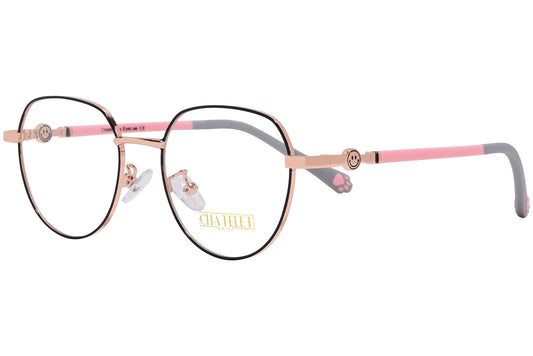 chatelet hexagonal gold, pink eyeglasses frame viewed from a 45-degree angle.