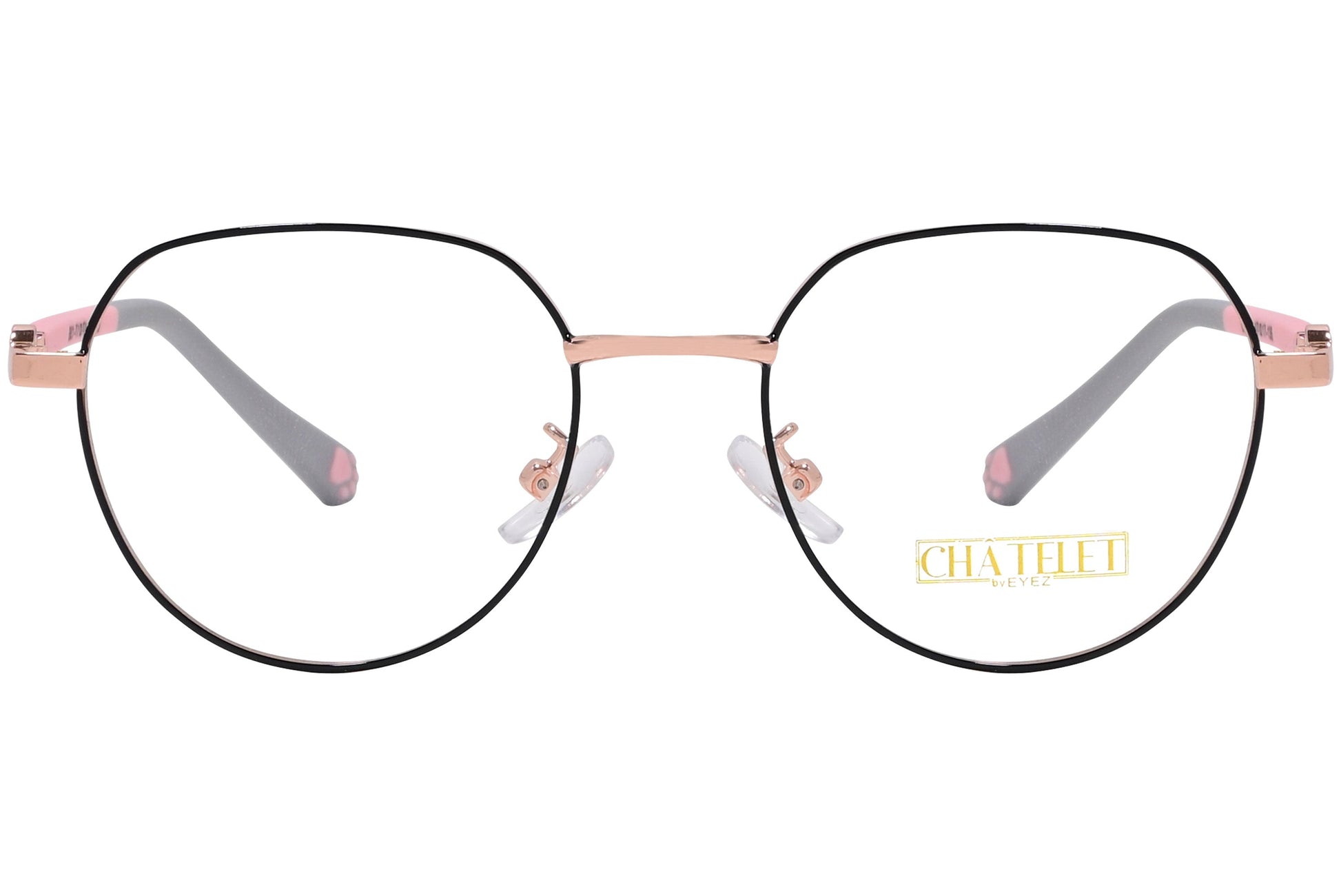 chatelet hexagonal gold, pink eyeglasses frame viewed from Front angle.