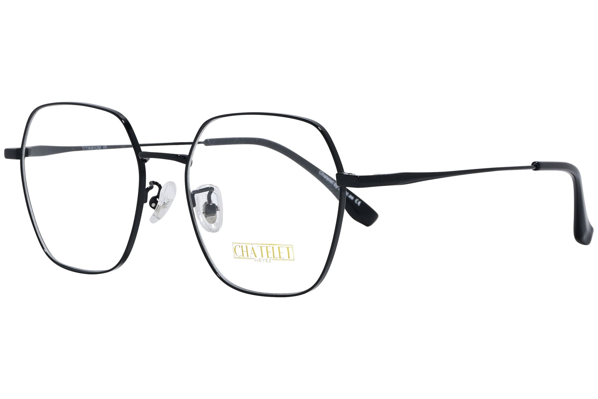 chatelet hexagonal black eyeglasses frame viewed from a 45-degree angle.