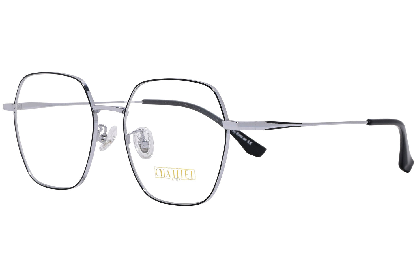 chatelet hexagonal silver eyeglasses frame viewed from a 45-degree angle.