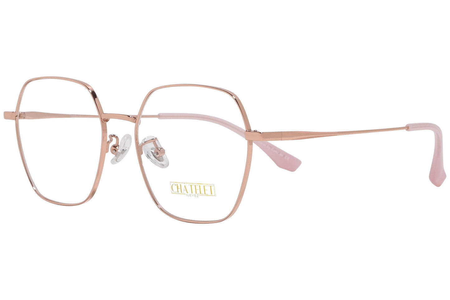 chatelet hexagonal pink eyeglasses frame viewed from a 45-degree angle.