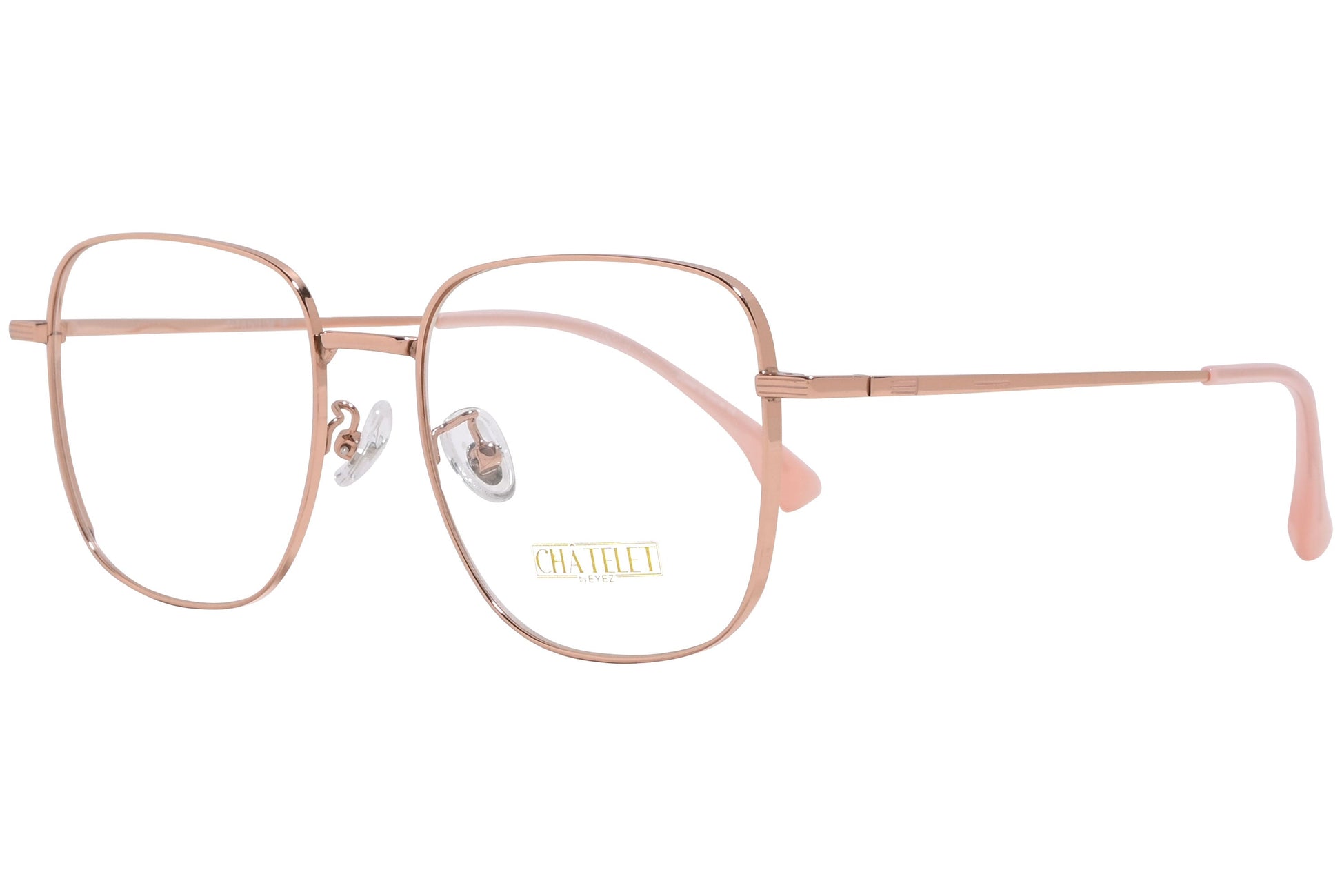 chatelet hexagonal gold pink eyeglasses frame viewed from a 45-degree angle.