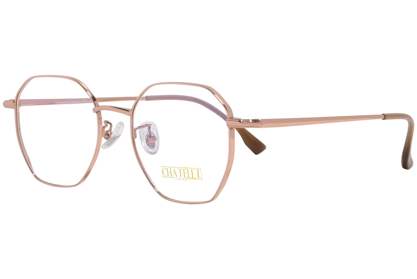 chatelet hexagonal rose gold eyeglasses frame viewed from a 45-degree angle.