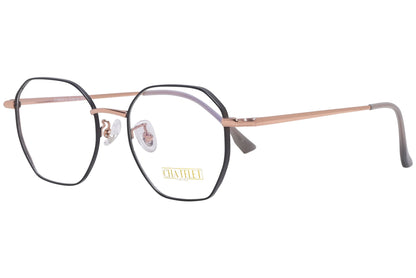 chatelet hexagonal black, rose gold eyeglasses frame viewed from a 45-degree angle.