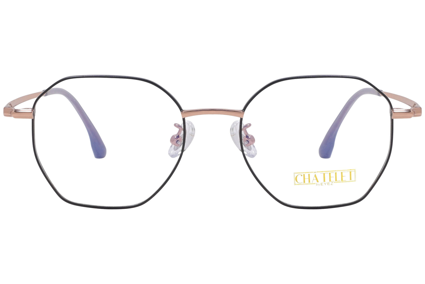 chatelet hexagonal black, rose gold eyeglasses frame viewed from Front angle.