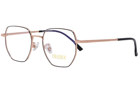 chatelet hexagonal rose gold eyeglasses frame viewed from a 45-degree angle.