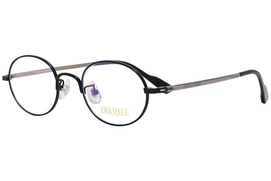 chatelet oval black eyeglasses frame viewed from a 45-degree angle.