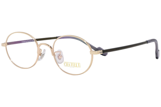 chatelet oval gold eyeglasses frame viewed from a 45-degree angle.