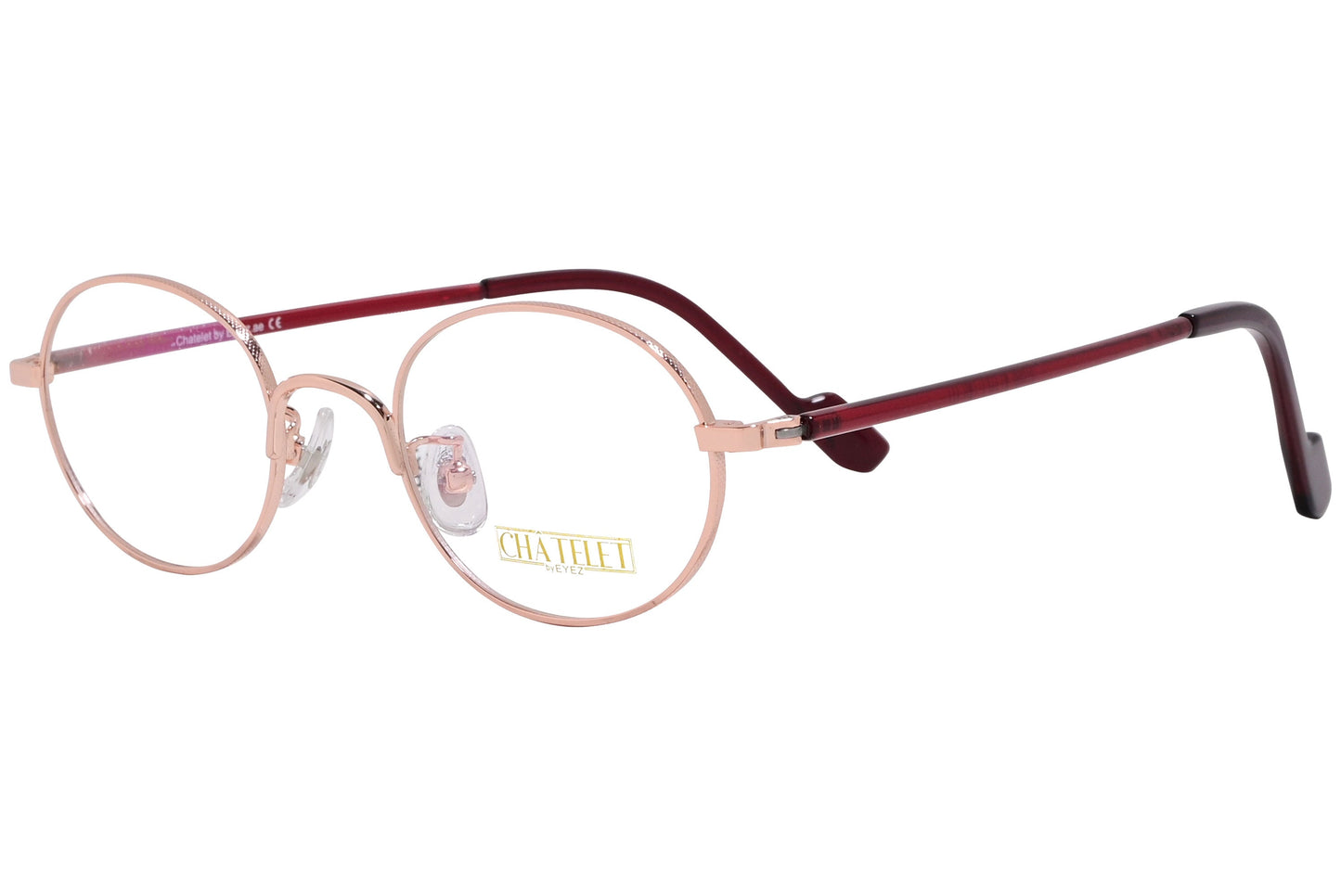 chatelet oval red eyeglasses frame viewed from a 45-degree angle.