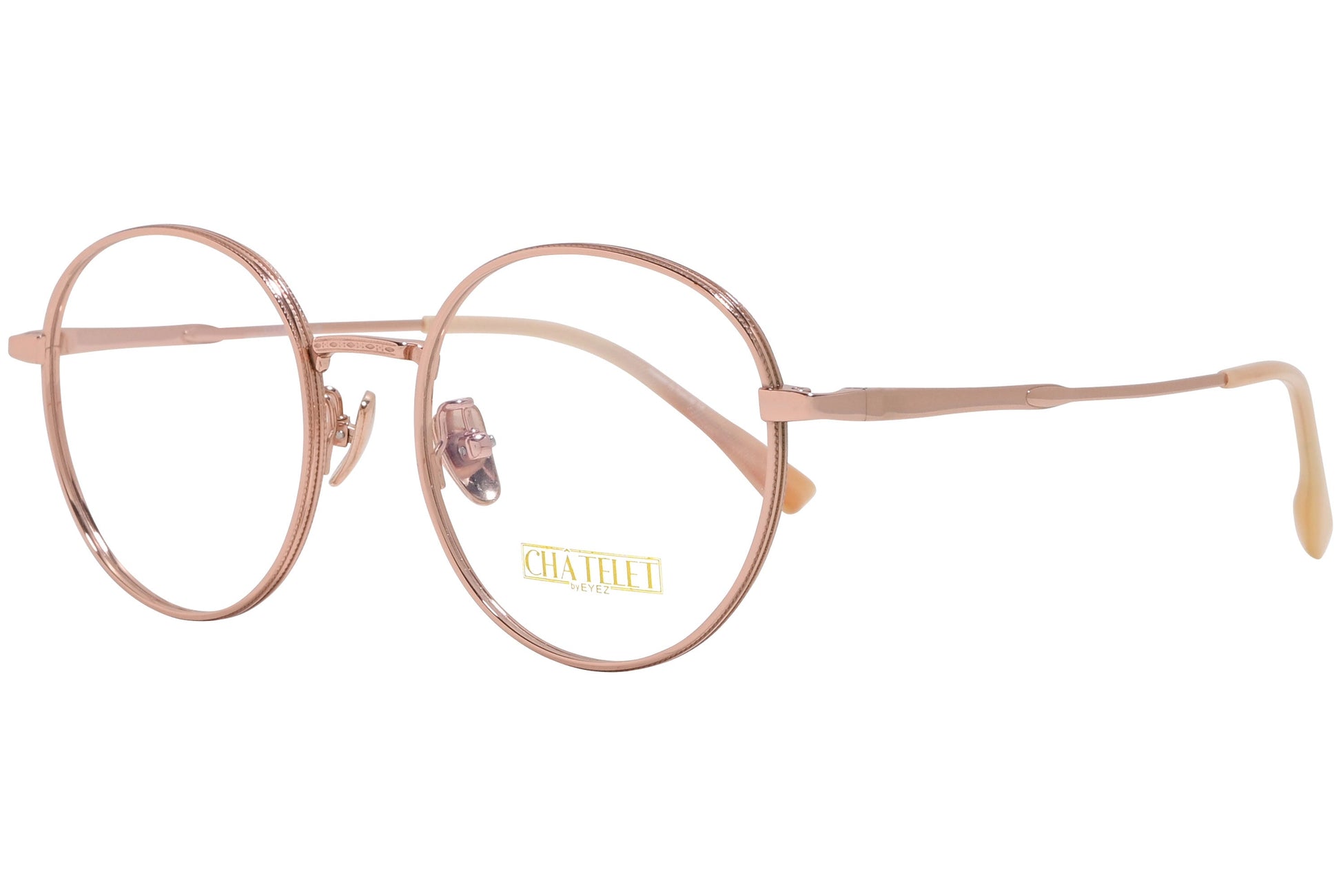 chatelet round gold eyeglasses frame viewed from a 45-degree angle.