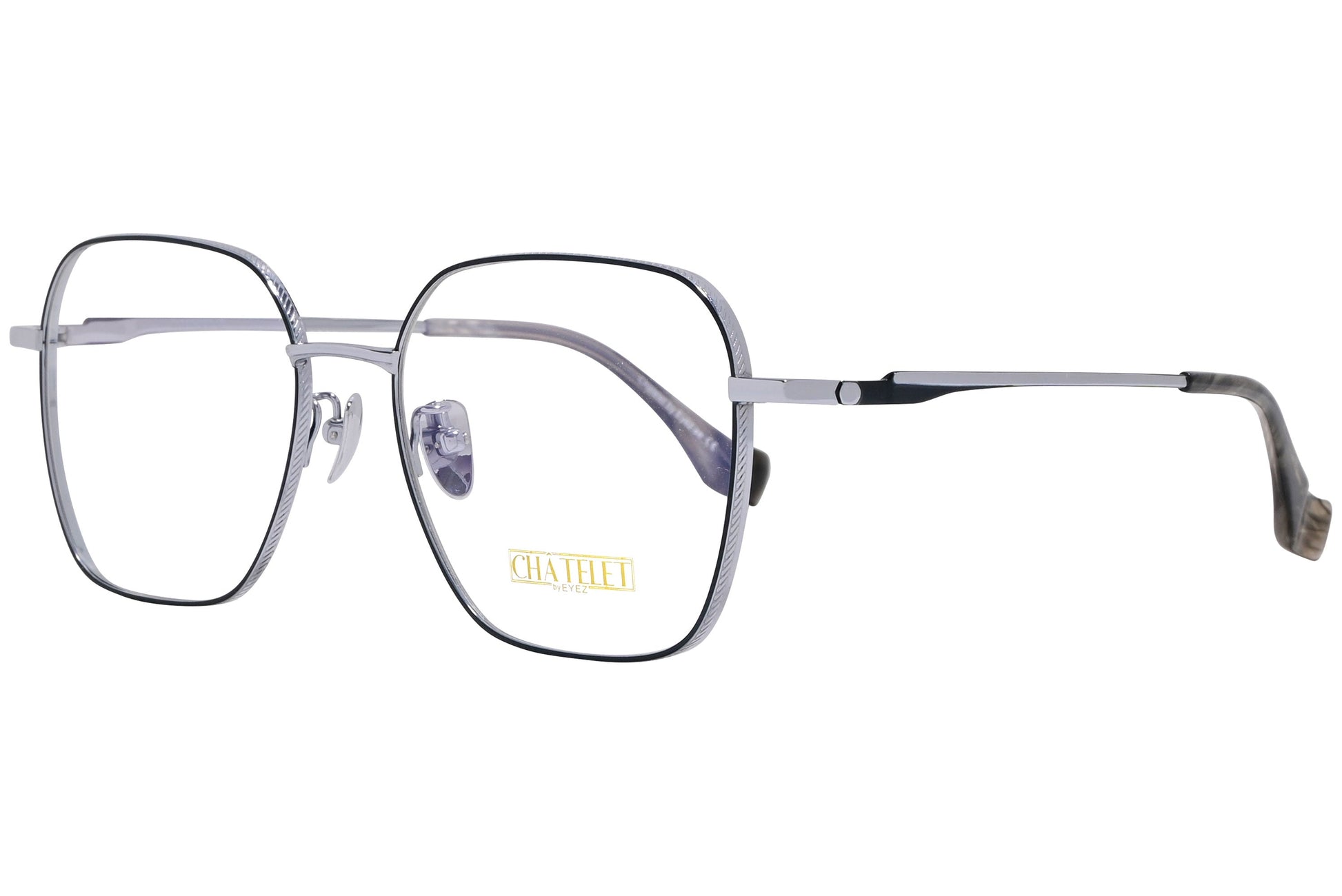 chatelet geometric silver eyeglasses frame viewed from a 45-degree angle.