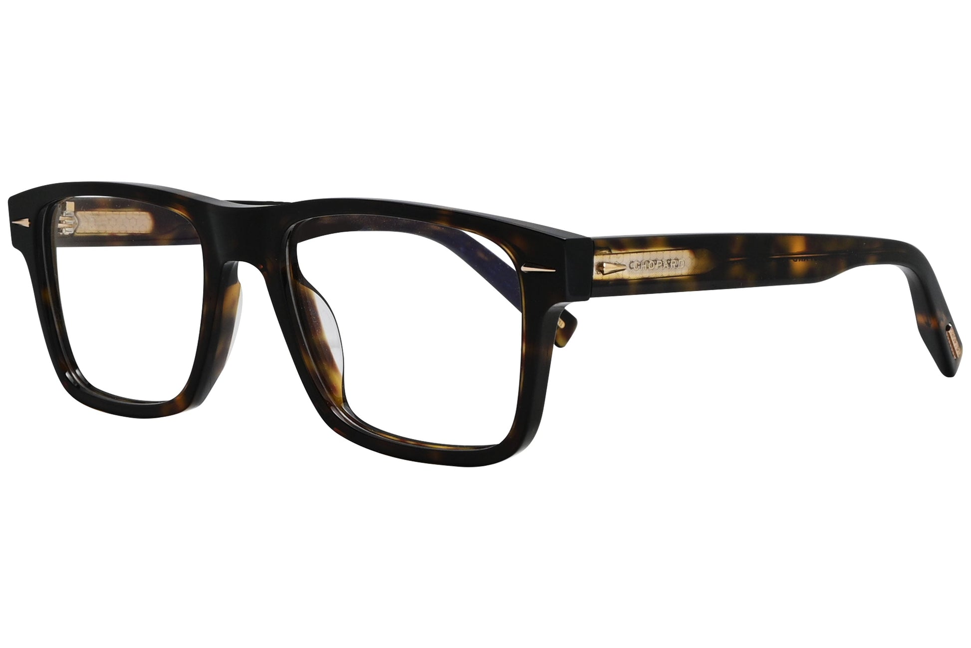 chopard rectangle Tortoise eyeglasses frame viewed from a 45-degree angle.