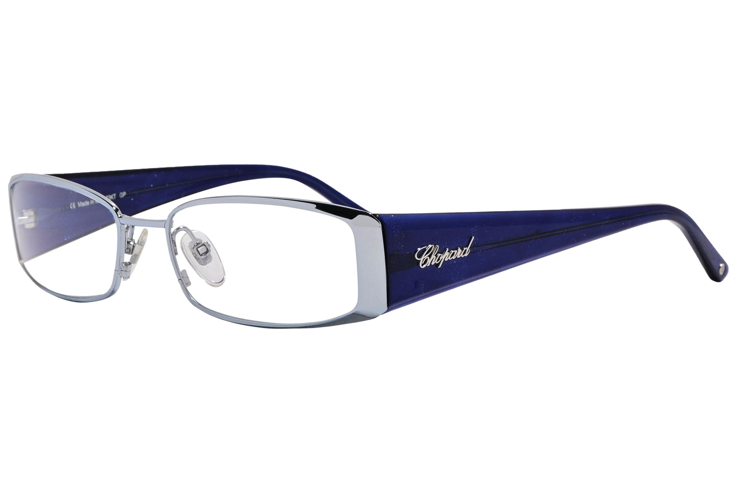 Chopard Wrap Around Blue Eyeglasses Frame Viewed From A 45-Degree Angle.