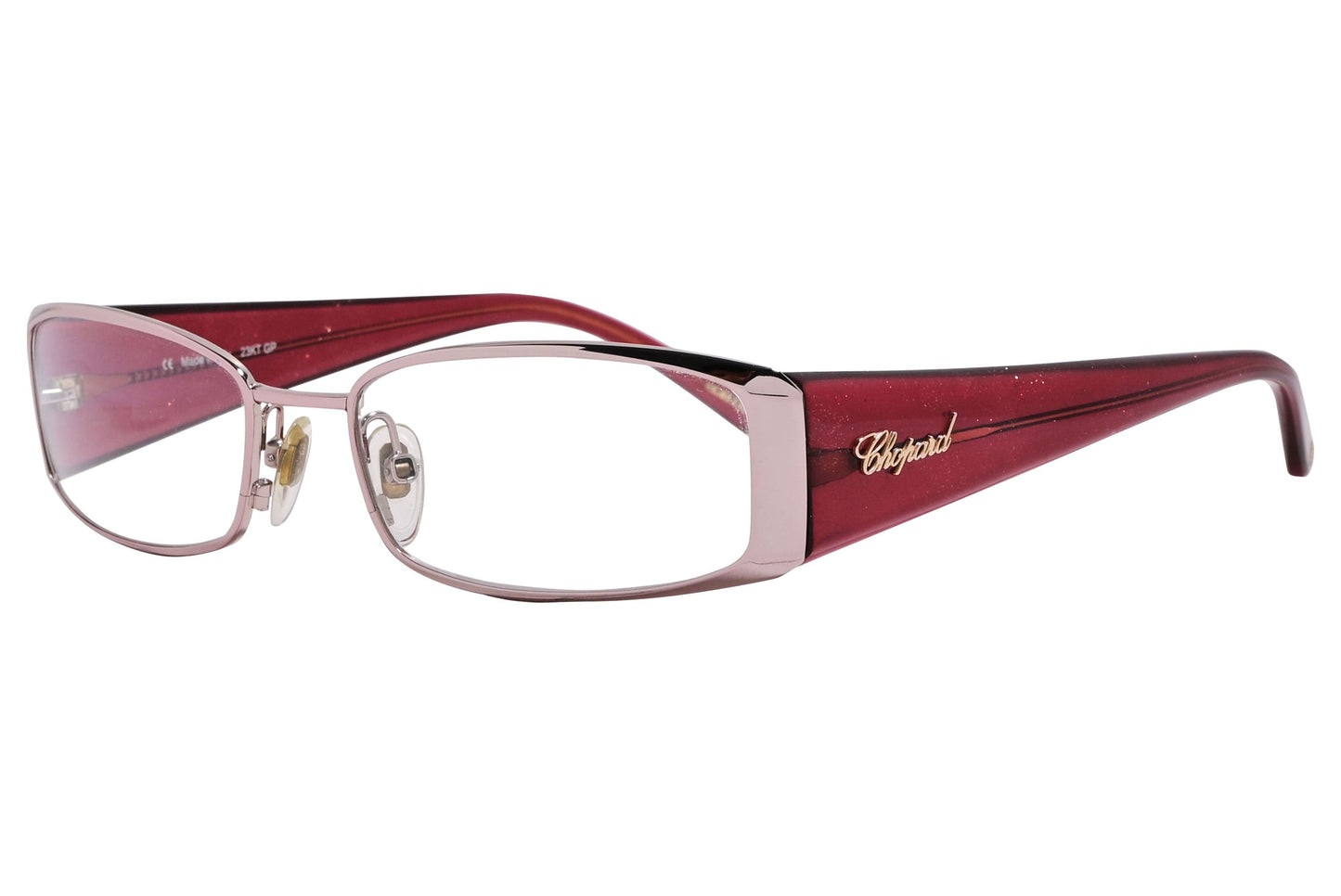 Chopard Wrap Around Red Eyeglasses Frame Viewed From A 45-Degree Angle.