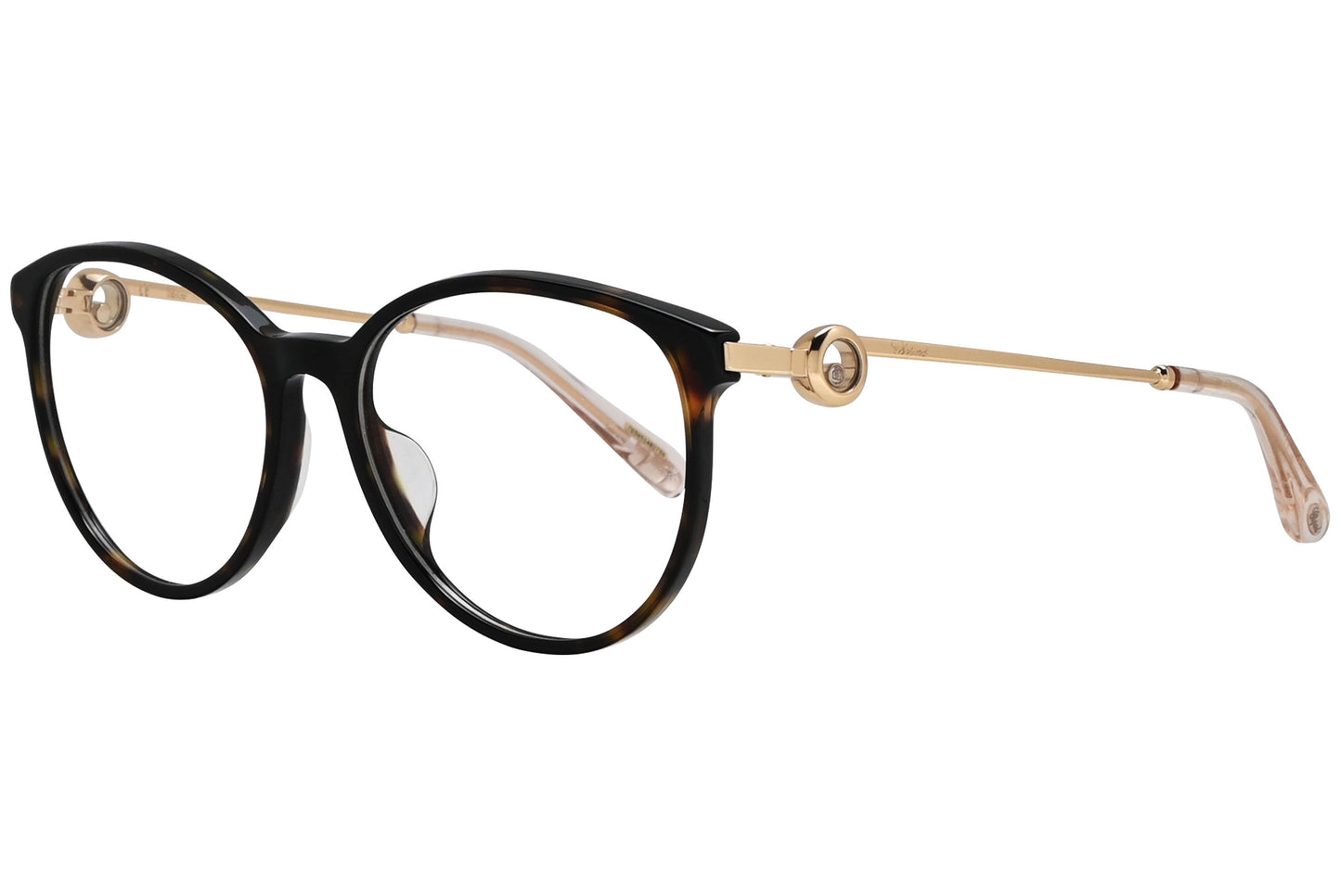 chopard oval black with gold eyeglasses frame viewed from a 45-degree angle.