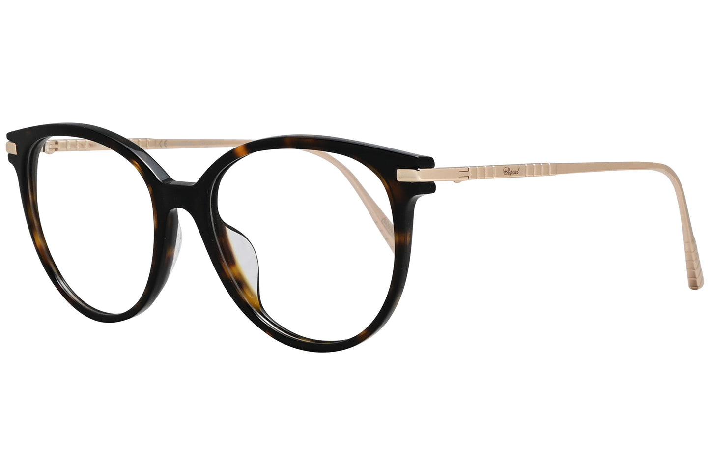 chopard oval black with gold eyeglasses frame viewed from a 45-degree angle.