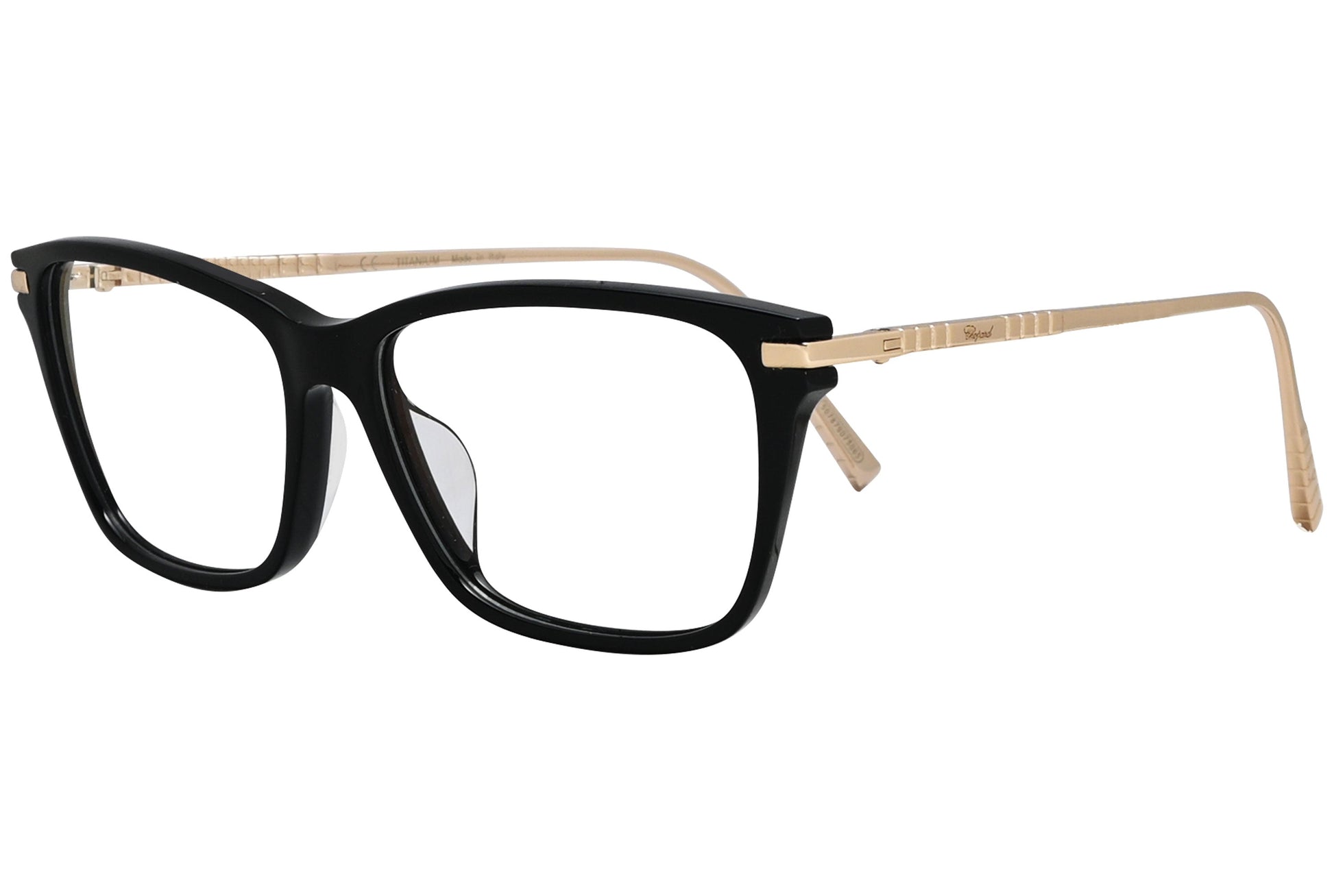 chopard geometric black with gold eyeglasses frame viewed from a 45-degree angle.