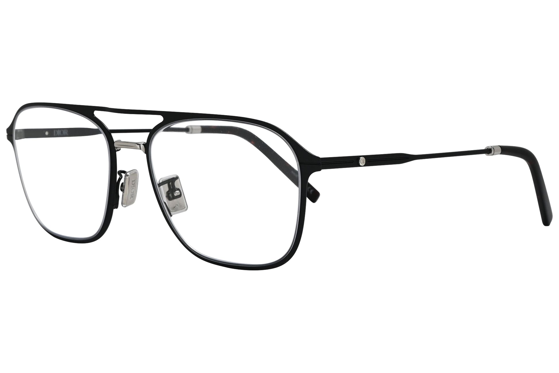 christian dior aviator black eyeglasses frame viewed from a 45-degree angle.