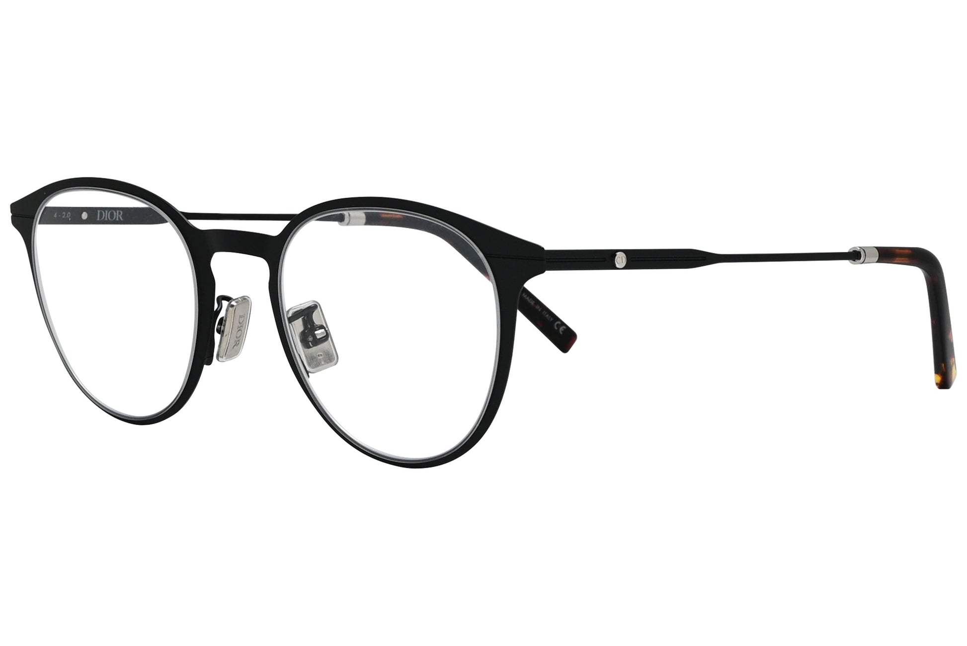 christian dior round black eyeglasses frame viewed from a 45-degree angle.